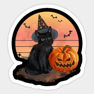 Black Cat With Pumpkin Moon and Bats Halloween Watercolor Painting Sticker